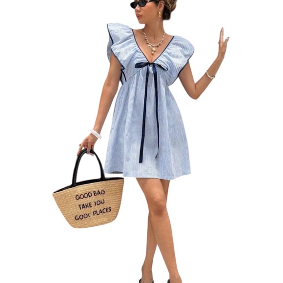 SHEIN Dresses & Skirts - Serisse Cotton Light Blue Striped V-Neck Ribbon Tie Mini Dress L 8/10